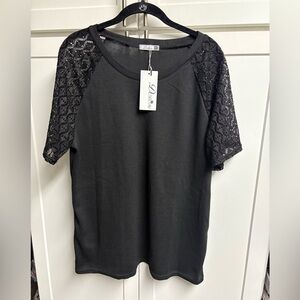 Dorose Black Ribbed Round Collar Short Sleeve Open Lace Top Sz XL